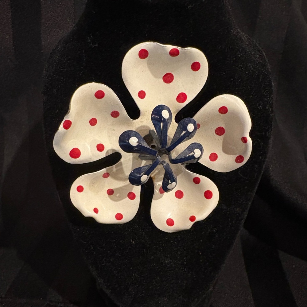 Mid Century Polka Dot Flower Brooch - White & Red with Blue Center